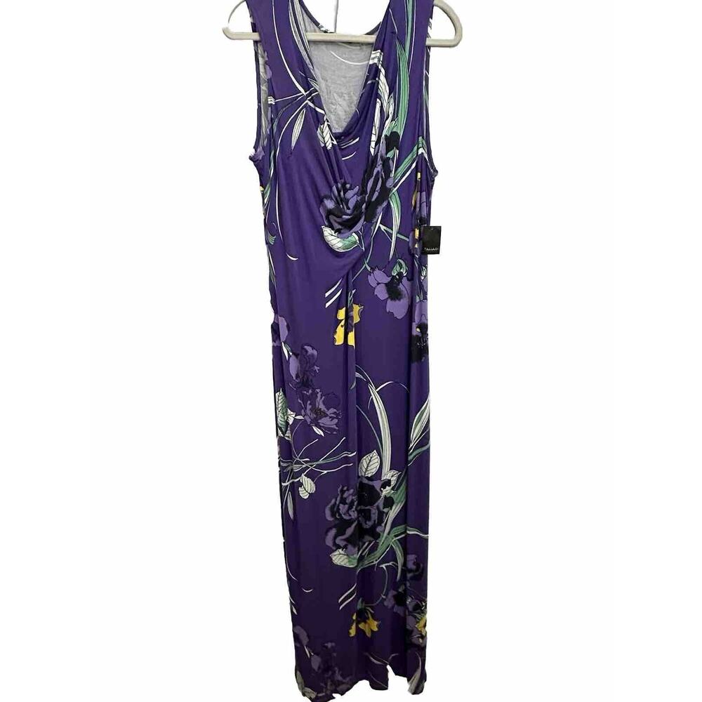 Tahari Harmonia Maxi Long Dress Sultan Purple Draped Neck Side Slits XL NWT